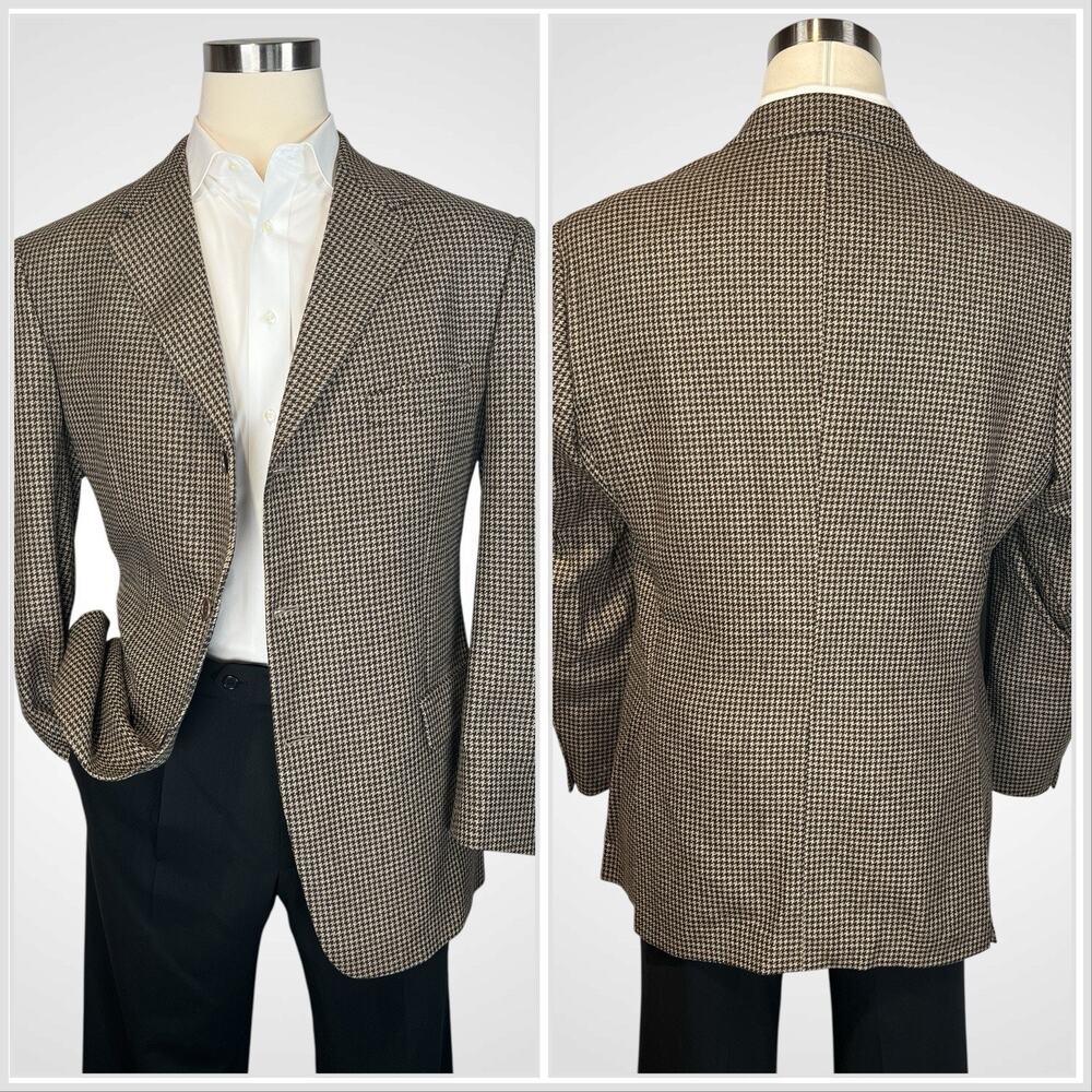 Vintage Zegna x Cambridge Wool Cashmere 46-48L Black Tan Houndstooth Sport Coat - Picture 2 of 16